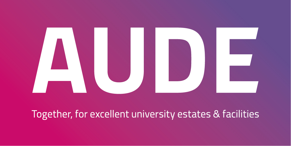 AUDE logo: pink and purple background with white letters reading AUDE, together for excellent university estates and facilities 