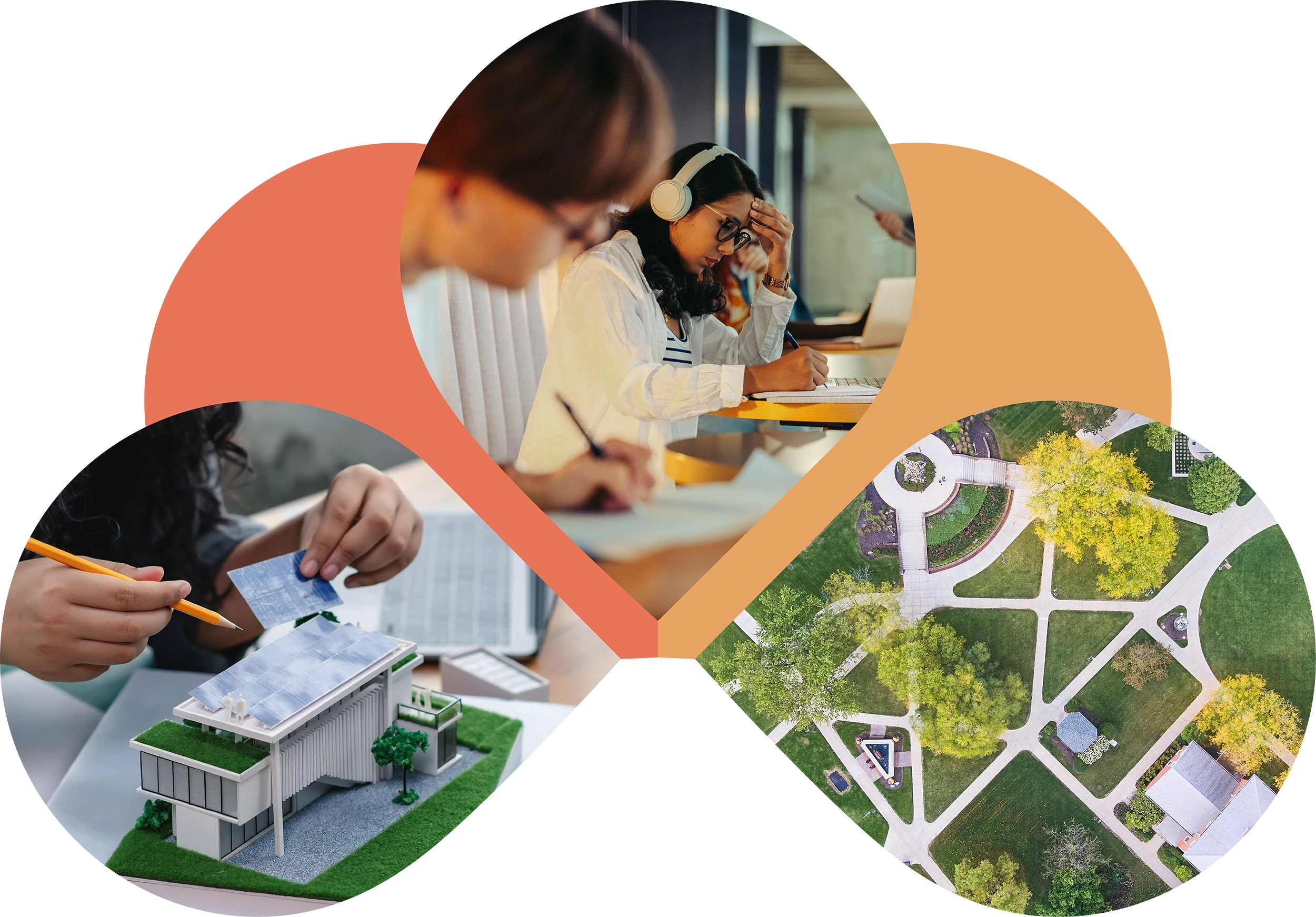 Photos in the shape of flower petals. One image shows a woman studying, one a birds eye shot of a campus and another a woman working with model solar panels 