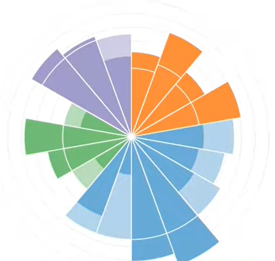 An example score map from the scorecard: a pie chart shaped graph with each segment different colours and lengths to represent the progress against the themes.