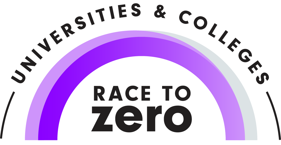 A purple and white semi circle dome with black lettering saying Universities and Colleges, Race to Zero