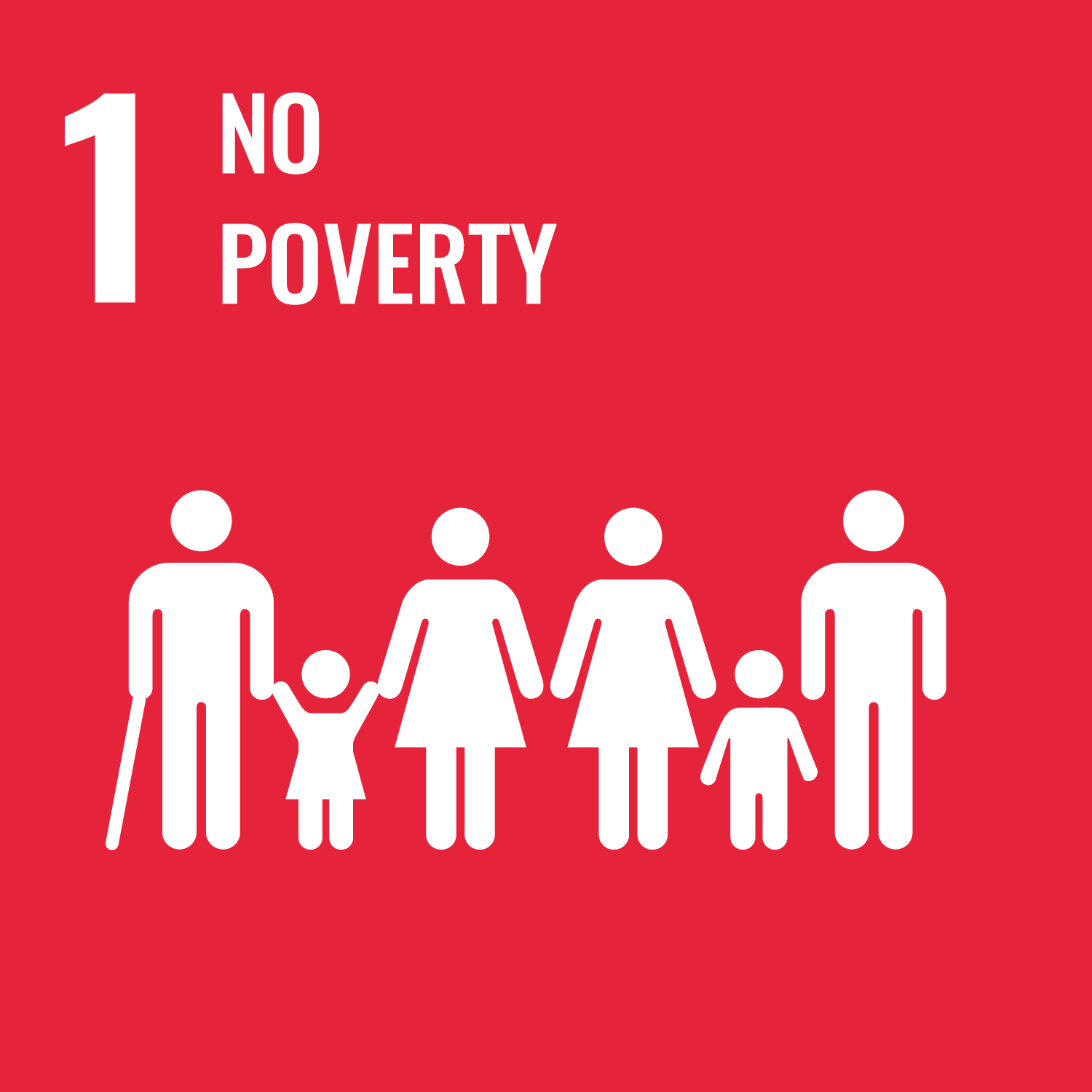 On a red background, white text reads "1. No Poverty". Beneath this is an illustration of a family. 