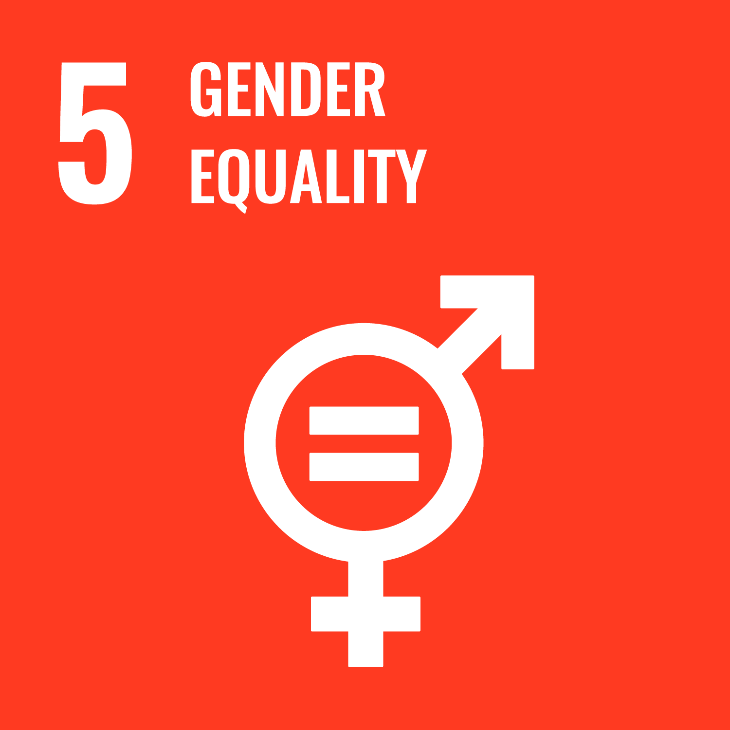 On an orange background, white text reads "5. Gender equality". Beneath this is an illustration of a circle with an arrow pointing top left and a plus sign pointing downwards. In the centre of the circle is an equal sign.
