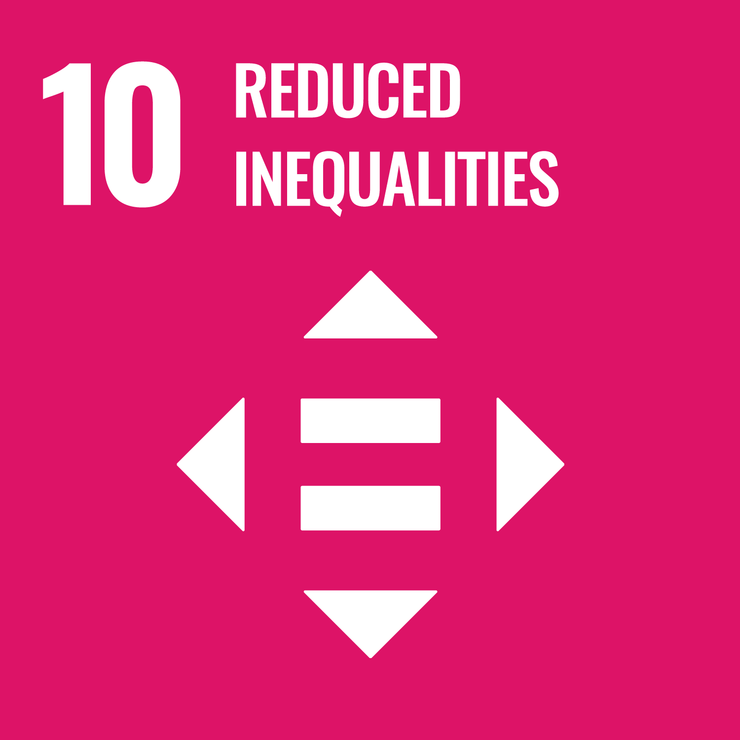 On a pink background, white text reads "10. Reduced equalities". Beneath this is an illustration of four arrows pointing in all directions with an equal sign in the centre.