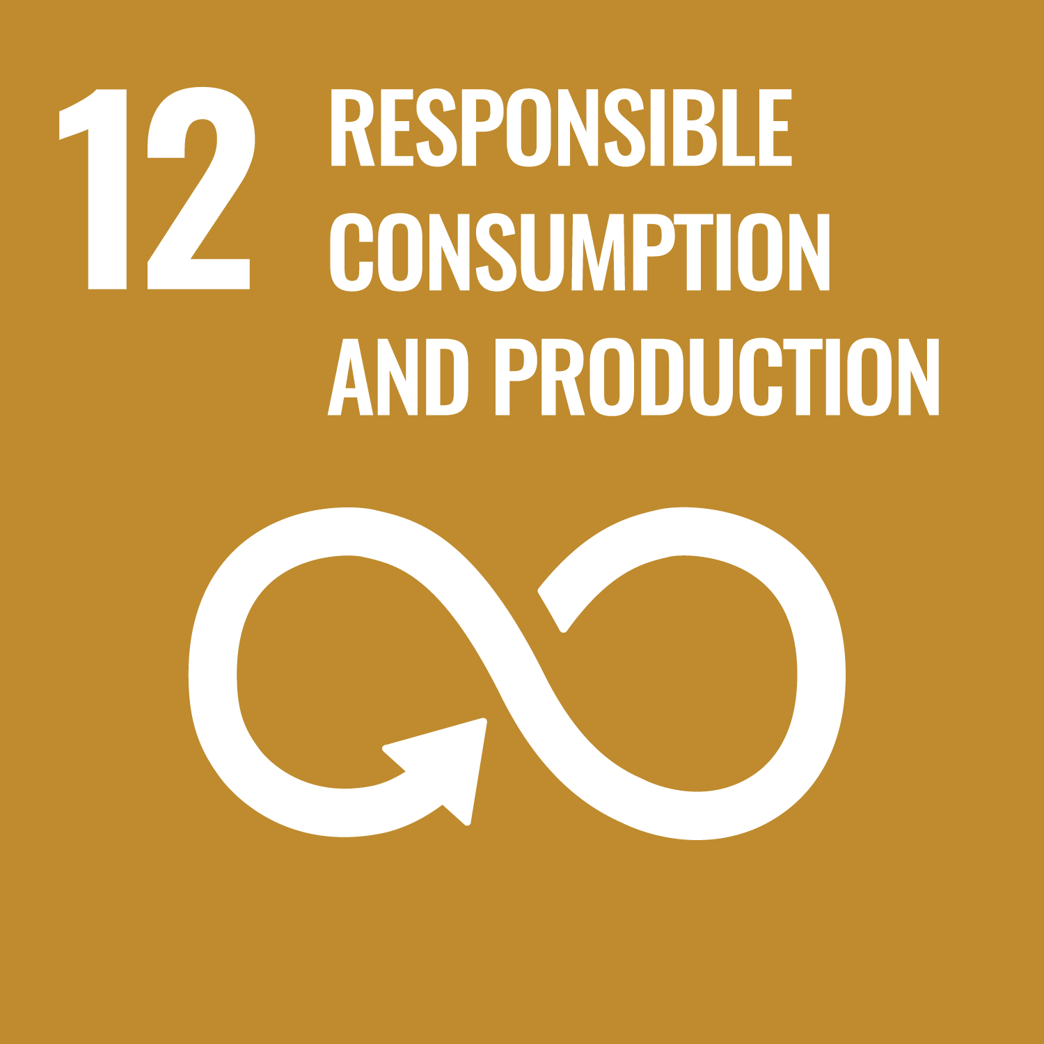 On a gold background, white text reads "12. Responsible consumption and production". Beneath this is an illustration of an infinity symbol.