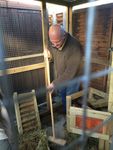 Iain Patton sweeping out a rabbit hutch