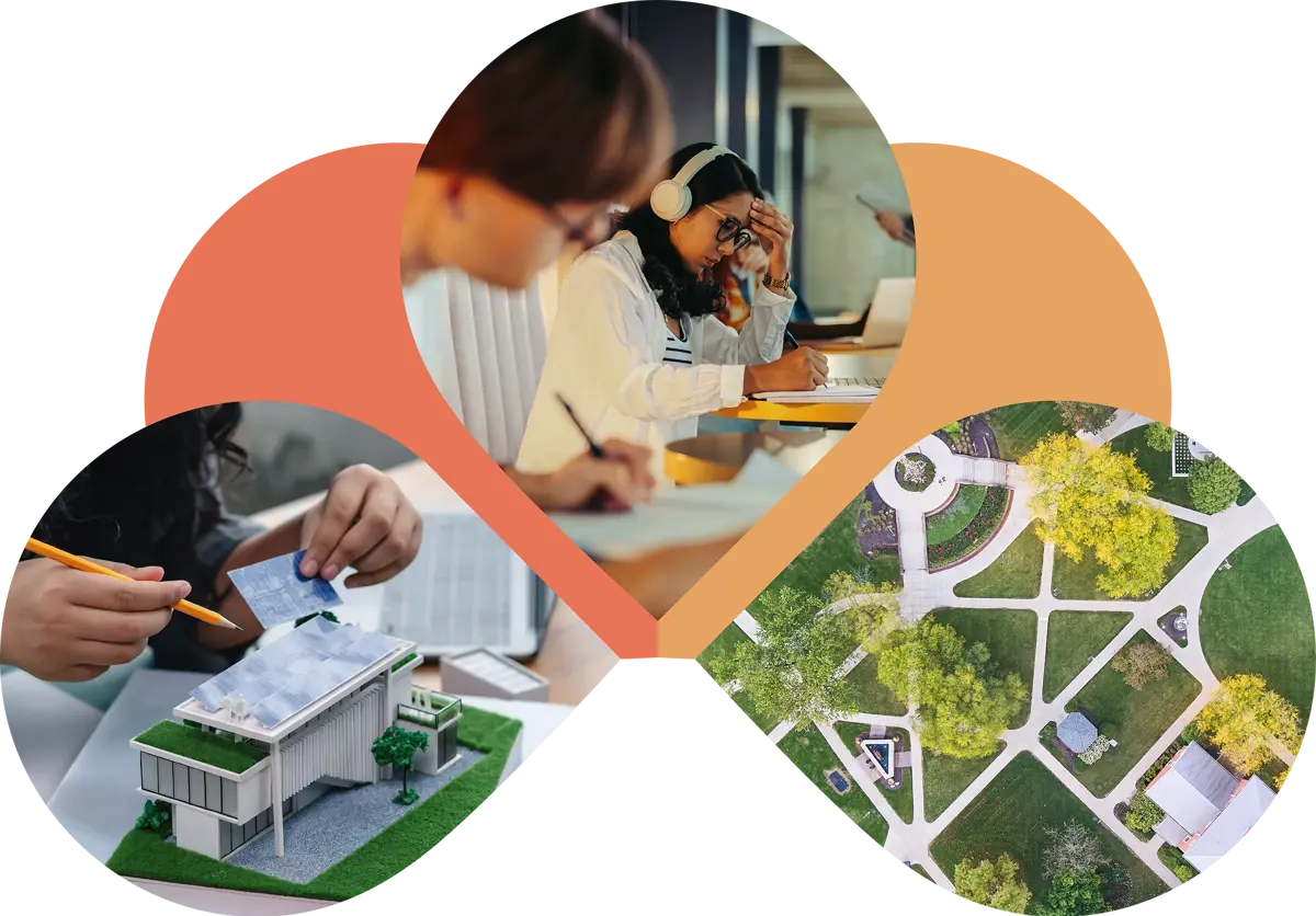Photos in the shape of flower petals. One image shows a woman studying, one a birds eye shot of a campus and another a woman working with model solar panels 