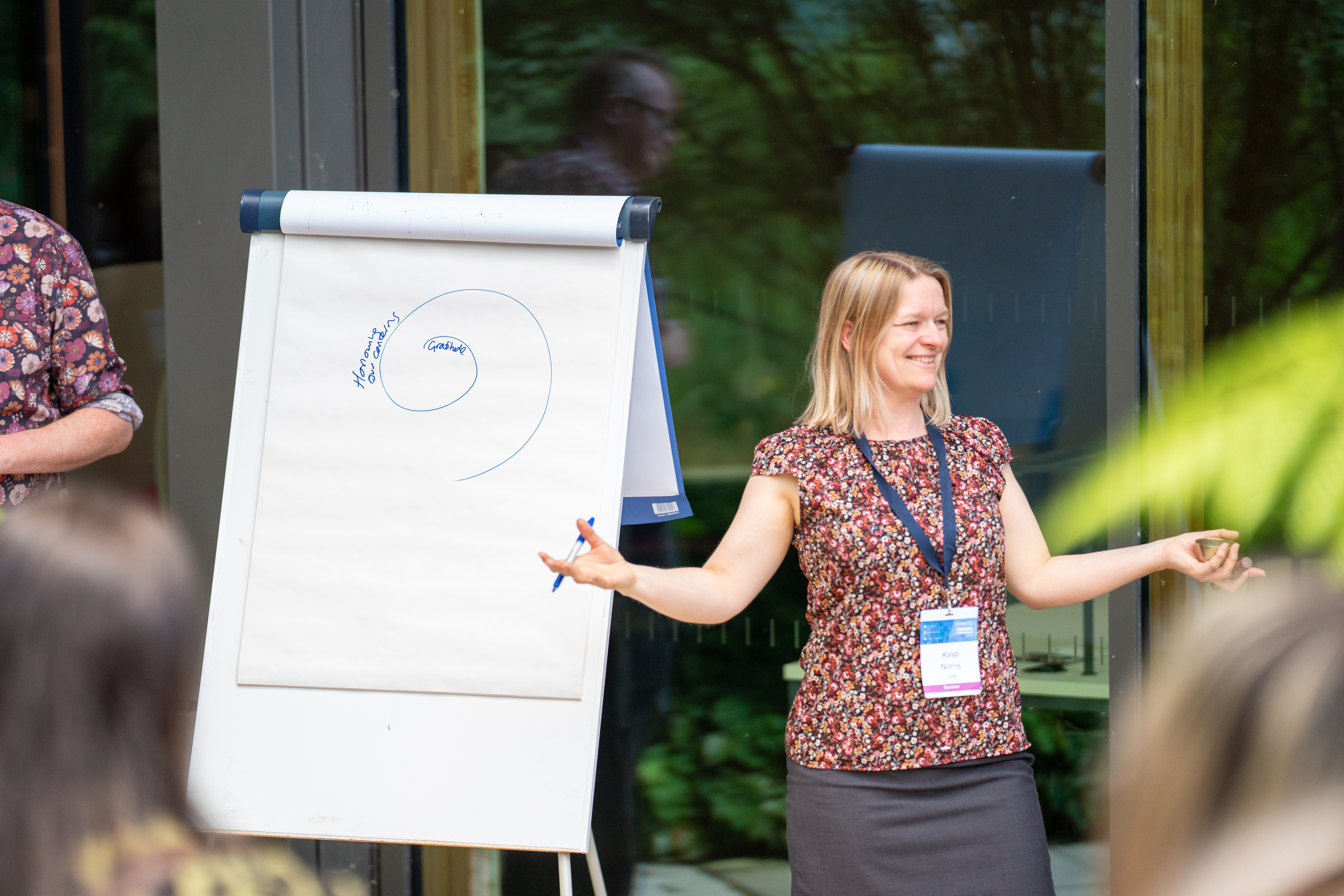 A person delivering a presentation in front of a flipchart.