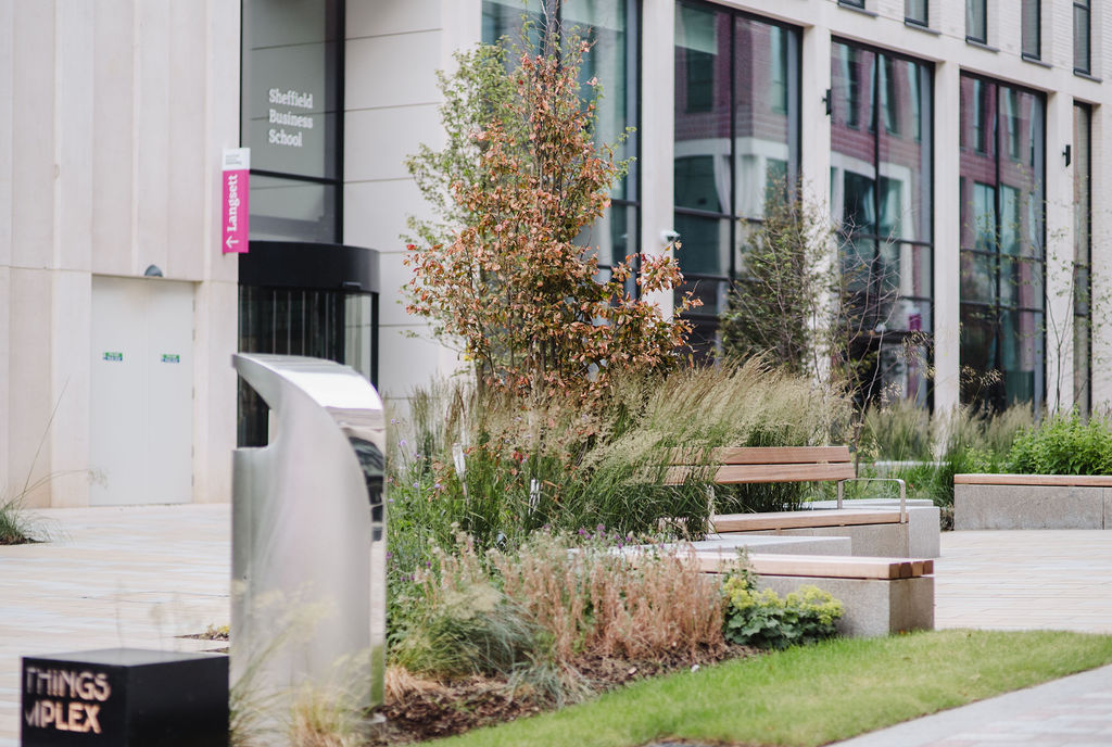 A seating area outside a university with greenery, benches and bins. 