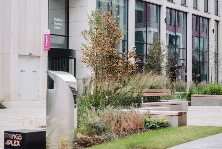 A seating area outside a university with greenery, benches and bins. 