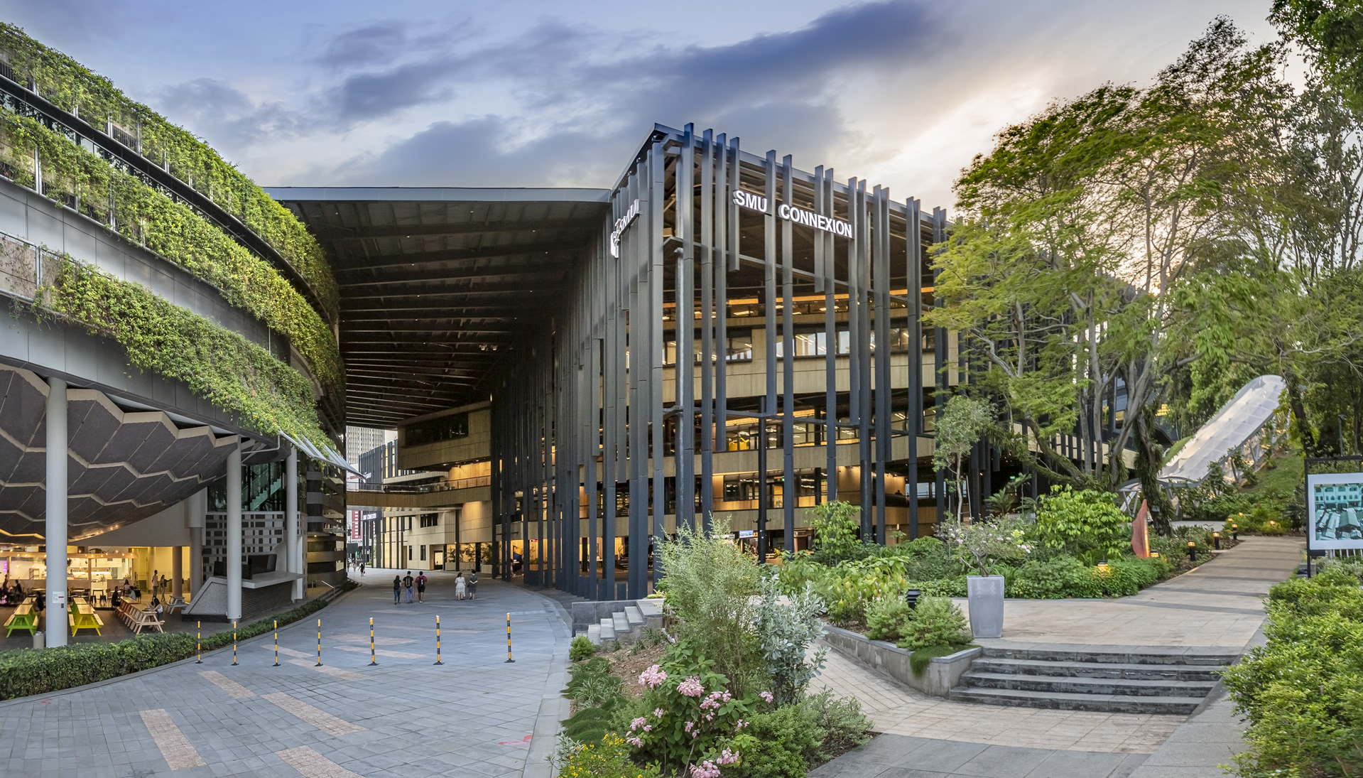 A modern building with green walls and large lush green trees and planting in the foreground. The sign on the building reads SMU Connexion